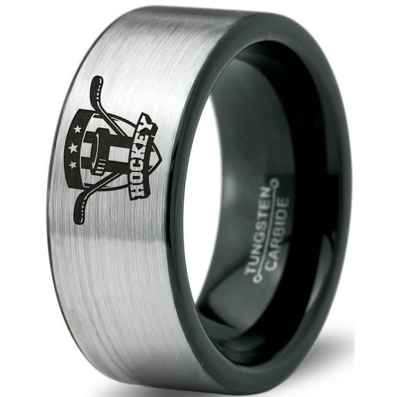 Tungsten Hockey Ring Band Ring 8mm Men Women Comfort Fit Brushed Gray Flat Cut Black Polished