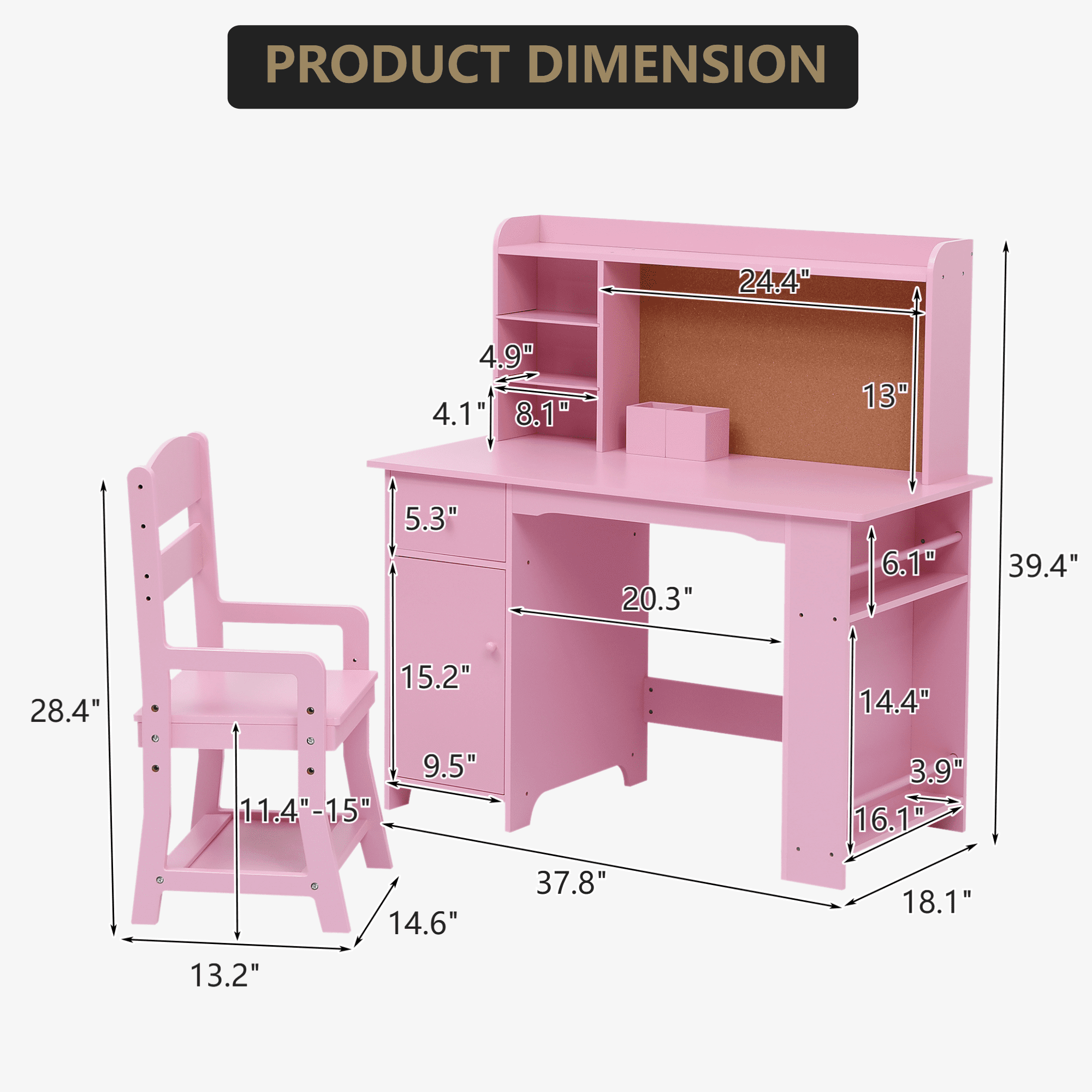 Kids Desk and Chair Set, Wooden Children Study Table with Storage Shelves, Cork Bulletin Board, Drawer and Cabinet, Pink, White