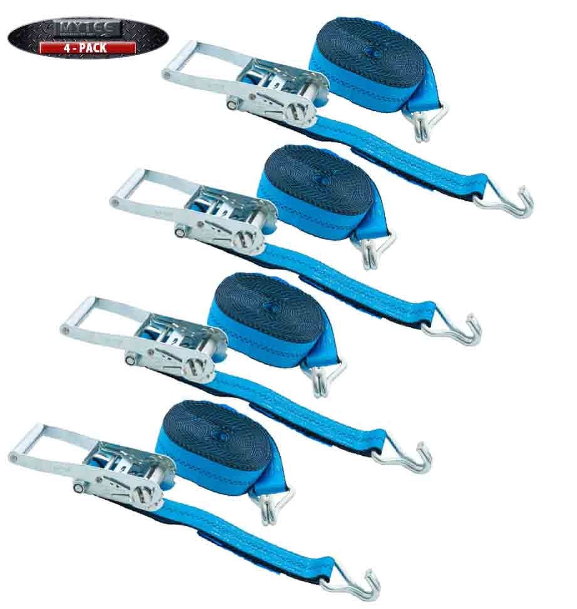 Mytee Products (4 Pack) 2 Inch x 30 FT Blue Ratchet Strap with J Hooks - 10,000 Lbs Breaking Strength - Heavy Duty Tie Down Cargo Truck Straps with Wire Hooks for Flatbed, Truck, Trailers Pickup