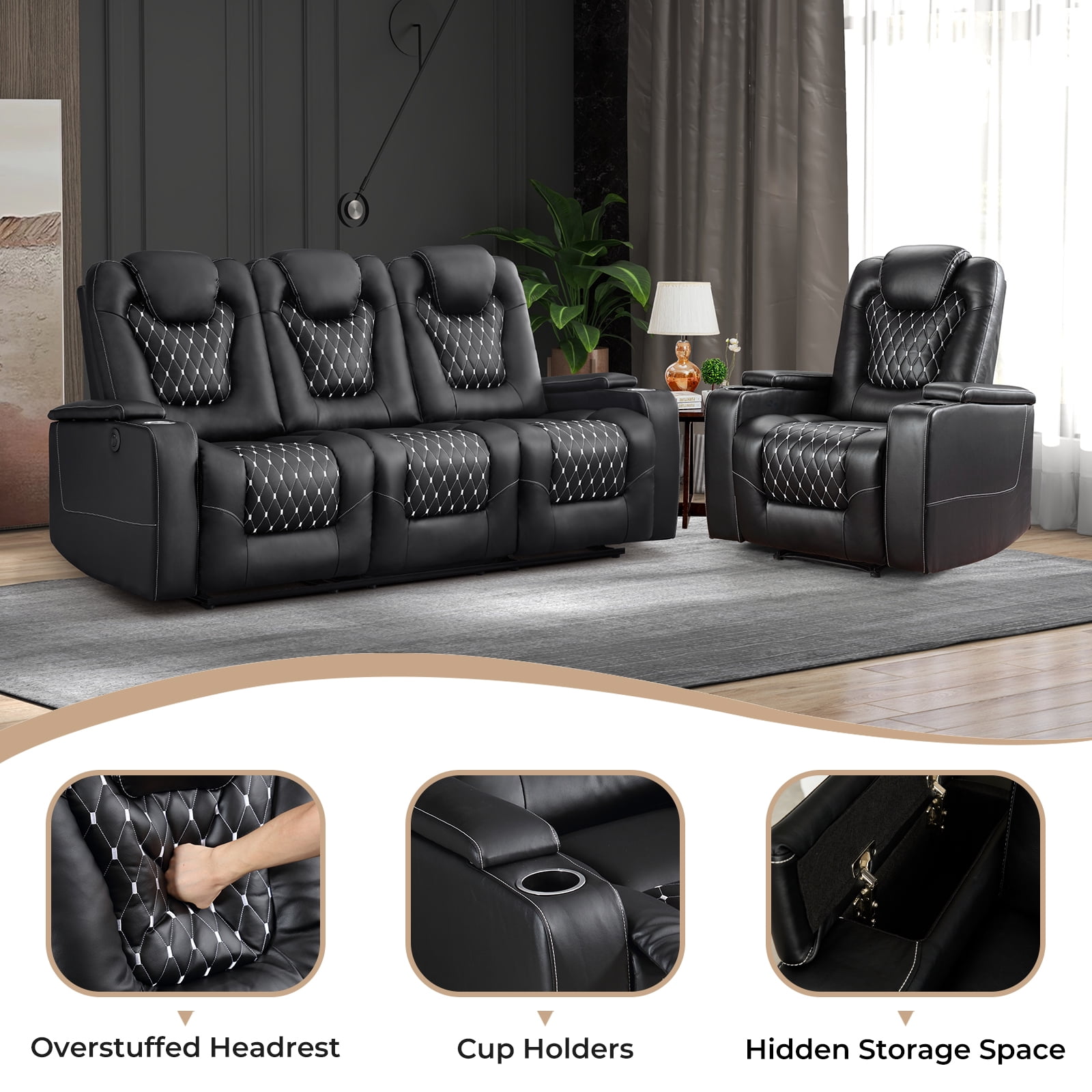 Bonzy Home Theater Recliner Chair Sofa Living Room Furniture Set Power Recliner with Cup Holders, USB Ports, Black