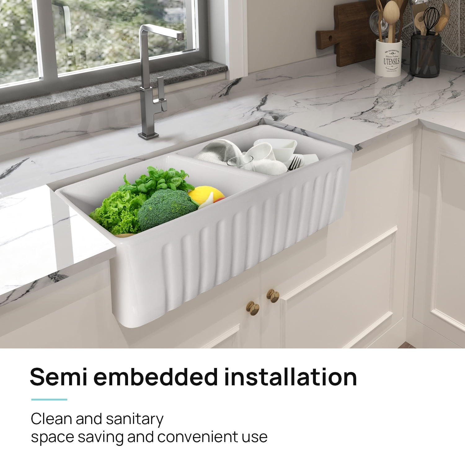 37 in. Farmhouse Kitchen Sinks Double Bowl Apron Undermount Vessel 33"x18"x10" Sink White