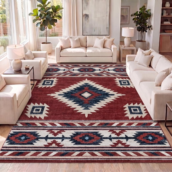 JONATHAN Y SOUTH WESTERN 5 x 8 Area Rug, Serape Medallion Southwestern - Red/Navy/Cream, SWC100A-5