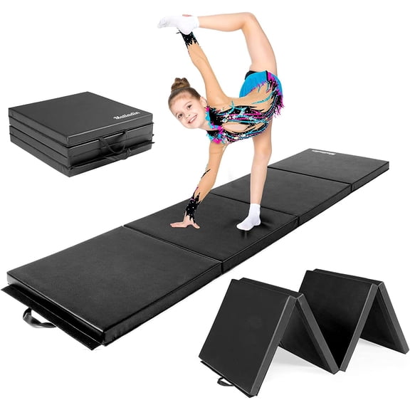 ROVSUN 8ft Folding Gymnastics Mat, 8ft x 2ft x 2in PU Leather Tumbling Mat for Stretching and Yoga, Black