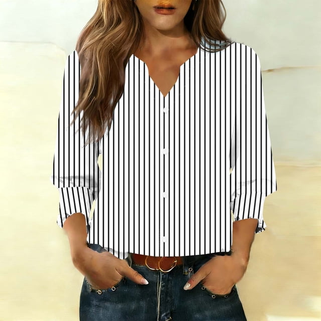 Ounisa Womens 3/4 Sleeve Cardigan V Neck Printed Button Down Spring Summer Fall Casual Stylish Tops S-2XL