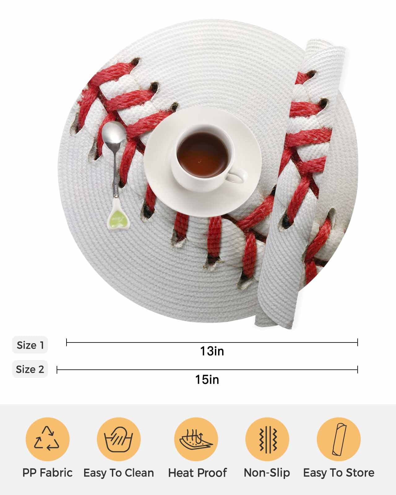 Baseball Round Placemats Set of 6 for Dinning Tables,Heat-proof Braided Table Mats 15 Inch,Red White Texture Sports Ball Minimalist Washable Place Mat for Kitchen Restaurant Party Decor Table Setting