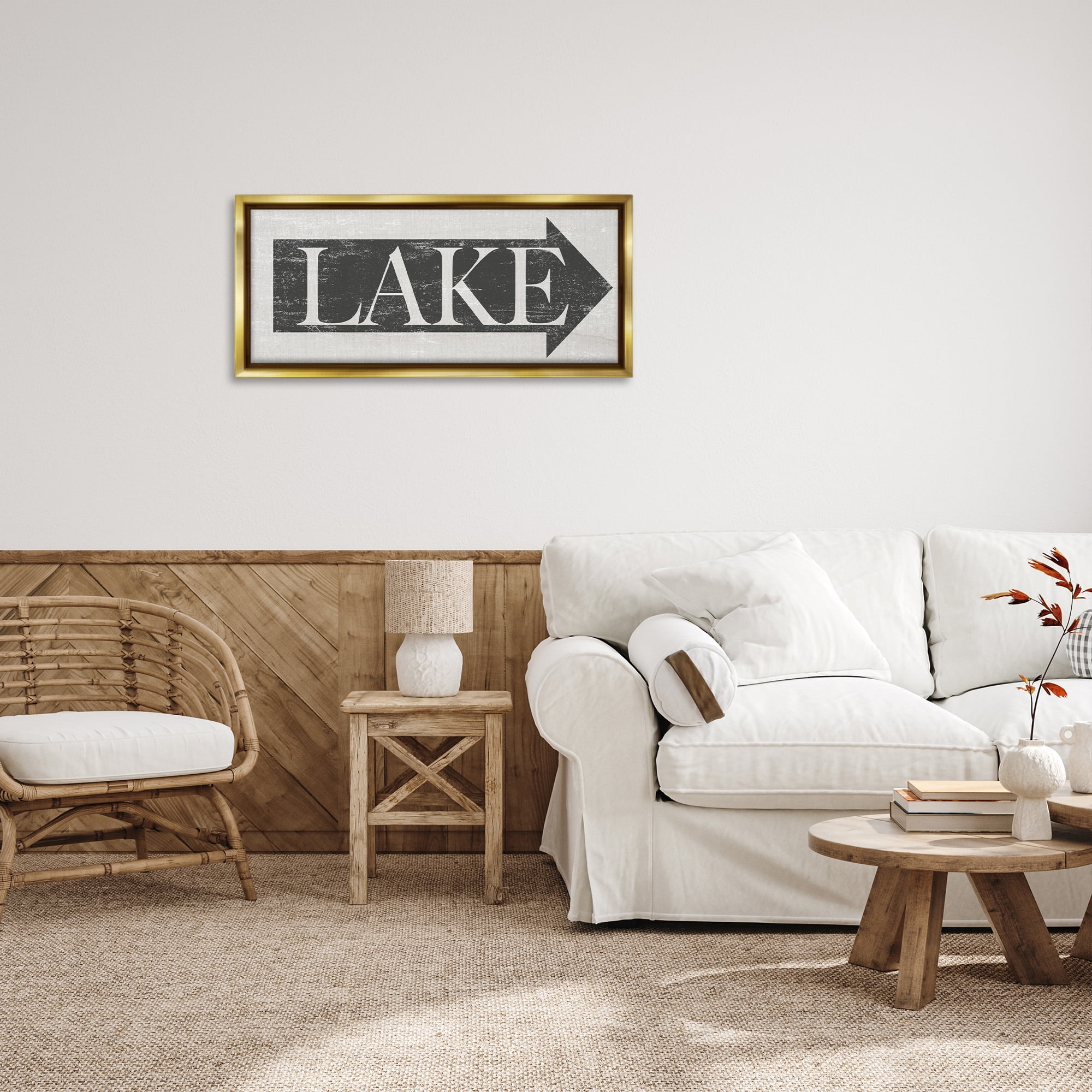 Stupell Industries Distressed Lake Arrow Sign Nature Painting Gold Floater Framed Canvas Art Print Wall Art, 31 x 14