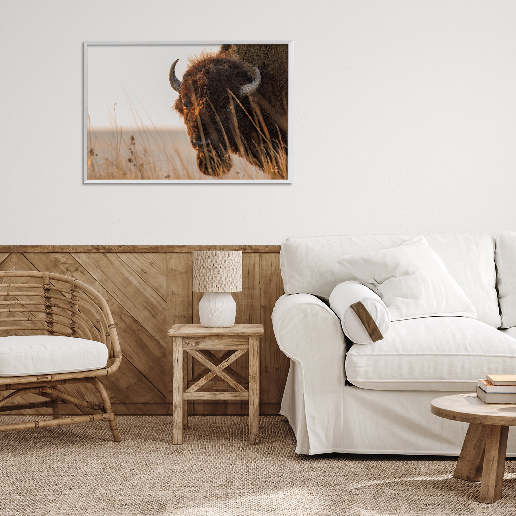 Stupell Industries Bison Sunset on Golden Prairie White Framed Giclee Art, design by Nathan Larson