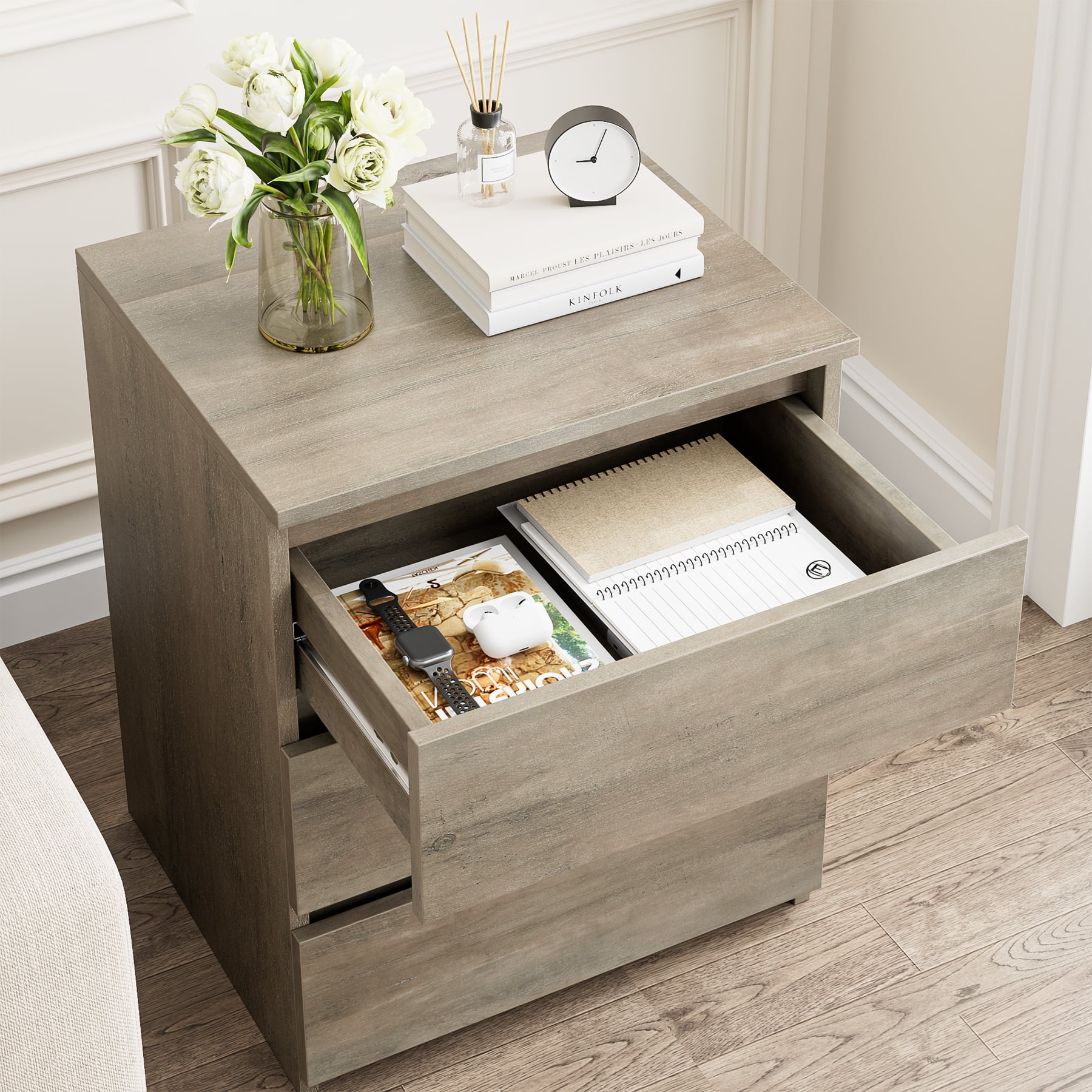 Homfa 3 Drawers Nightstand Set of 2, Small Sofa Table, Wooden Storage Cabinet for Living Room, Gray Finish