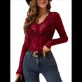 thumbnail image 2 of Blusa de Larga con Cuello Redondo y Encaje de con Bordado Floral para Mujer Vino Tinto L, 2 of 9
