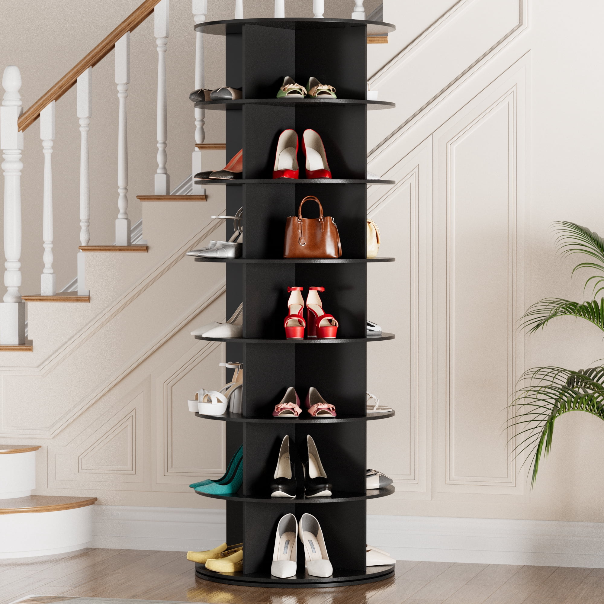 SpaceAid Rotating Shoe Rack Tower 7 Tier, Display Lazy Susan, Black, 23.2"D x 23.2"W x 63"H