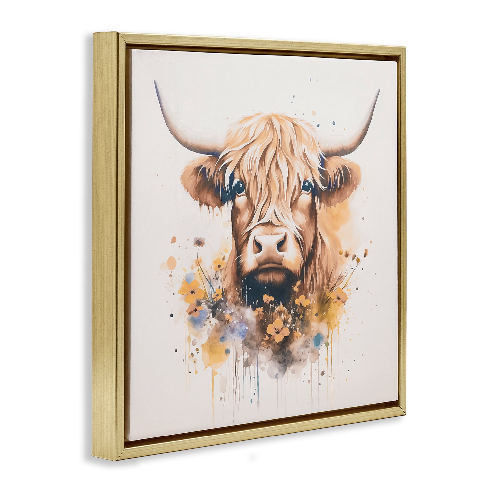 Stupell Industries Fancy Florals Highland Cow Animals Painting Gold Floater Framed Canvas Art Print Wall Art, 25 x 25