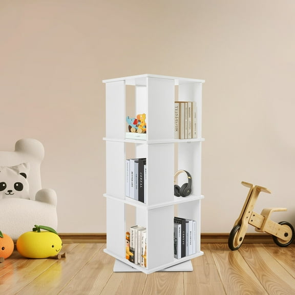 3 Tier Rotating Bookshelf Tower 360 Display Floor Standing Bookcase Spinning Bookshelf, Swivel Book Shelf Rotating Organizer Revolving Bookcase White