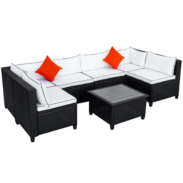 Rattan Wicker Sofa Set Six Seat Outdoor Furniture Set U Shape Weather Resistant Patio Conversation Set White And Red Walmart Com Walmart Com