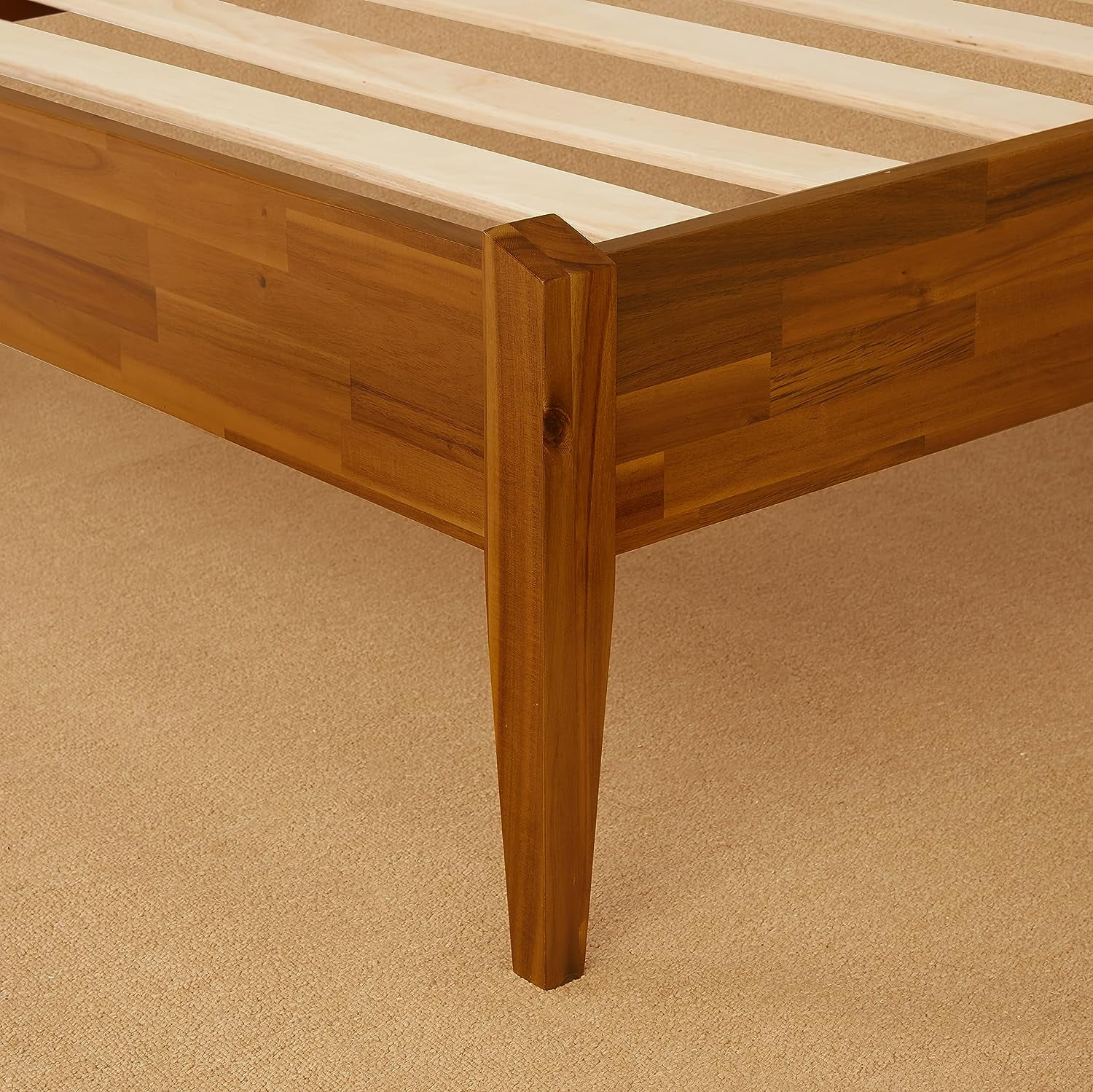 Bme King Size | Dinkee 78x82x15in Signature Bed Frame Without Headboard, Multiple Style, Acacia Wood, Caramel