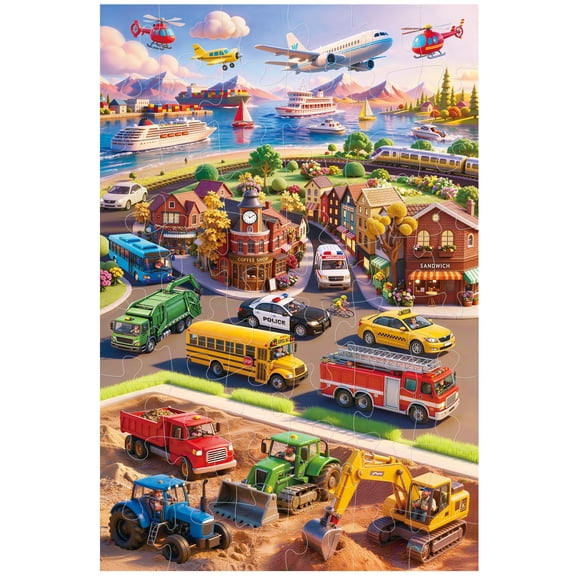 BenBen Floor Puzzles for Kids 3-6, Vehicles All Around, 48 Piece Large Jigsaw Puzzles for Toddlers 2-4