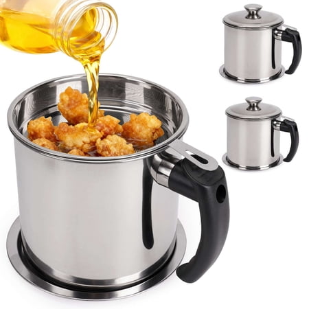 Deago Bacon Grease Container with Strainer 47 oz Stainless Steel Oil Container Can with Dust-proof Lid Non-slip Tray for Kitchen Storing Frying Cooking Grease