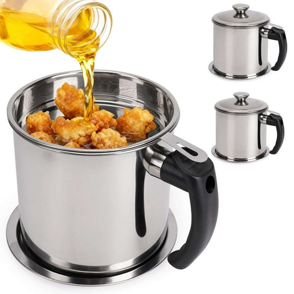 Deago Bacon Grease Container with Strainer 47 oz Stainless Steel Oil Container Can with Dust-proof Lid Non-slip Tray for Kitchen Storing Frying Cooking Grease