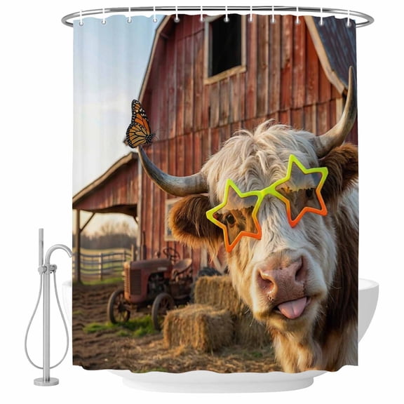 Farm Yaks Shower Curtain, Waterproof Shower Curtains for Bathroom, Farmhouse Barn Funny Animals Butterfly Washable Fabric Bathtub Curtain Set Bath Decor with 12 Hooks Long 72"x84"