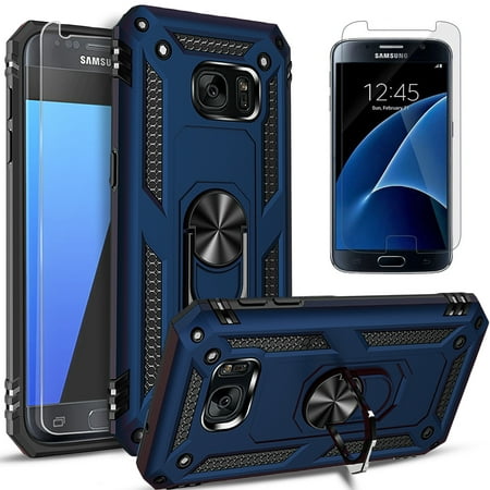 Samsung Galaxy S7 Case, With [Tempered Glass Screen Protector Included], STARSHOP Drop Protection Ring Kickstand Cover- Ink Blue
