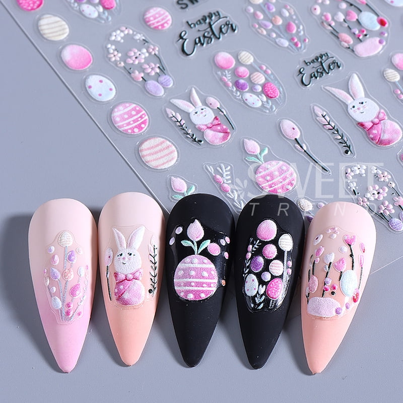 3D Easter Bunny Nail Art Stickers Decals 3D Cute Cartoon Egg Rabbit Flower Florals Adhesive Slider DIY Manicure Decoration Foils