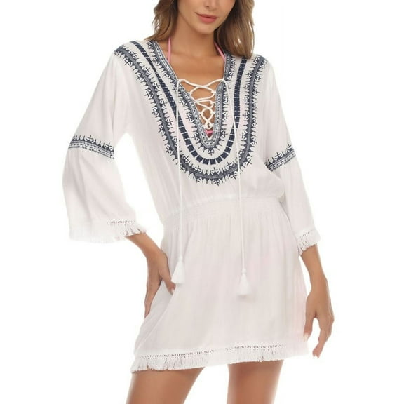 Raviya WHITE Women's Embroidered Tie-Neck Dress Cover-Up, Large