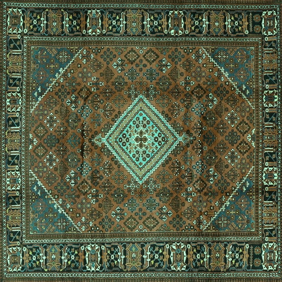 Ahgly Company Machine Washable Indoor Square Persian Turquoise Blue Traditional Area Rugs, 3' Square
