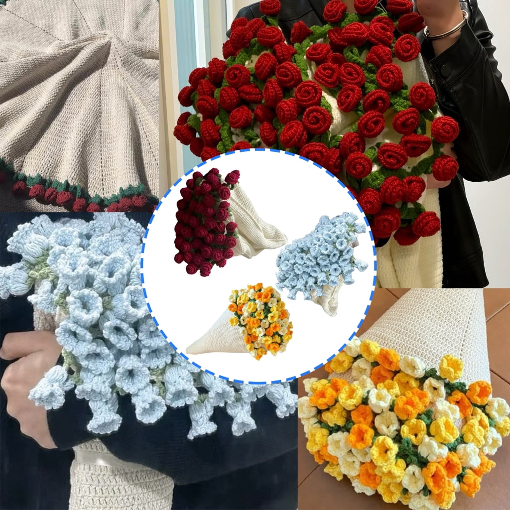 Crochet Flower Blanket Set with Crochet Hook Yarns Needle Step-by-Step Instruction and Knitting Accessories for Beginner