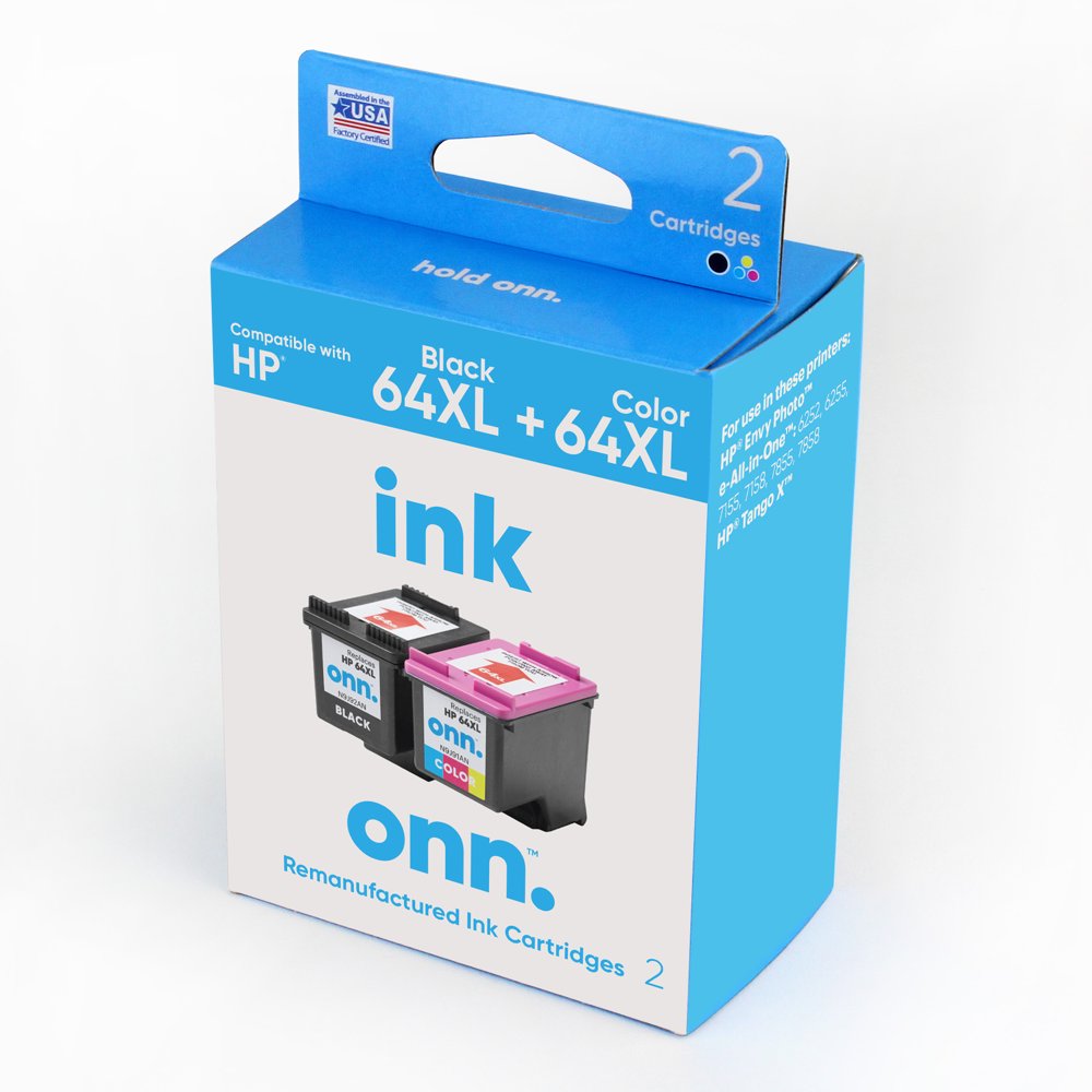 onn. Remanufactured Ink Cartridges, HP 64XL Black and 64XL Color