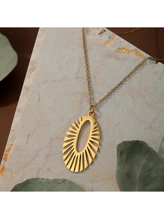 Stainless Steel Oval Necklace Sunshine Pendant Trendy Everyday Necklace Sun Rays Oval Pendant Unique Gift for Women Men