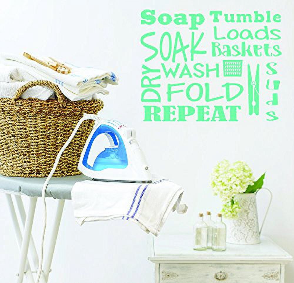 Laundry Room Wall Decal Letters, Soak, Wash, Dry, Fold - Vinyl Stickers, Mint Green, 23x18