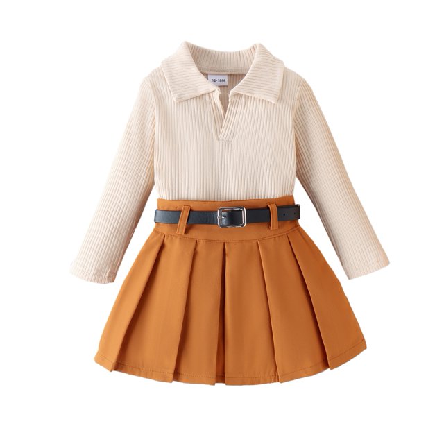 Toddler Girls Skirt Outfits Long Sleeve Ribbed Lapel Tops + Pleated Mini Skirt Set Kids Spring Fall Winter Clothes