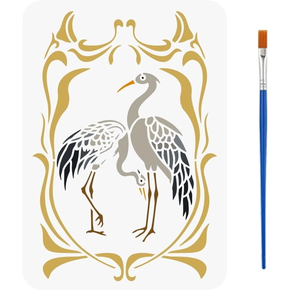 Heron Stencil with a Paint Brush 11.7x8.3Inch Reusable Art Nouveau Border Stencil PET Bird Heron Decoration Template Animal Themes Template for Wood Wall Furniture Floor Tiles colorful