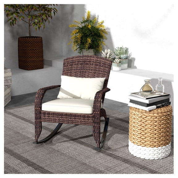 Adirondack Rocking Chair, Outdoor Wicker Chair with Cushion & Pillow, Cream White, Porch Rocker for Patio, Balcony, High Back, PE Rattan