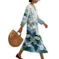 thumbnail image 5 of SCRAWLGOD Flower Leaf Print Blue White Womens V-Neck Casual Tunic Summer Dresses 3/4 Sleeve Loose Vacation Midi Dress for Travel, Streetwear, XL, 5 of 6