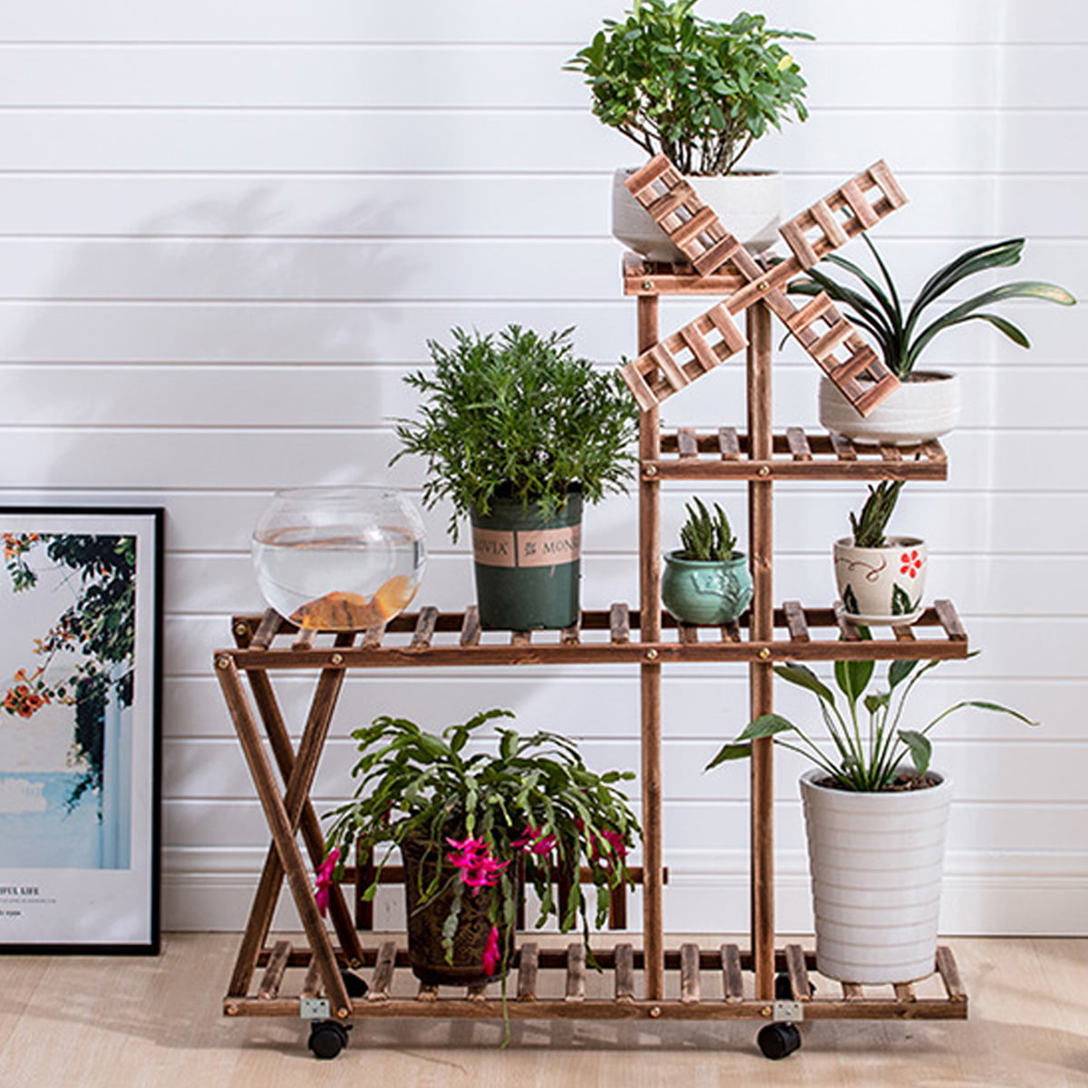 4 Tier Garden Wooden Plant Stand Pot Holder Display Shelf Indoor/Outdoor Wheels 