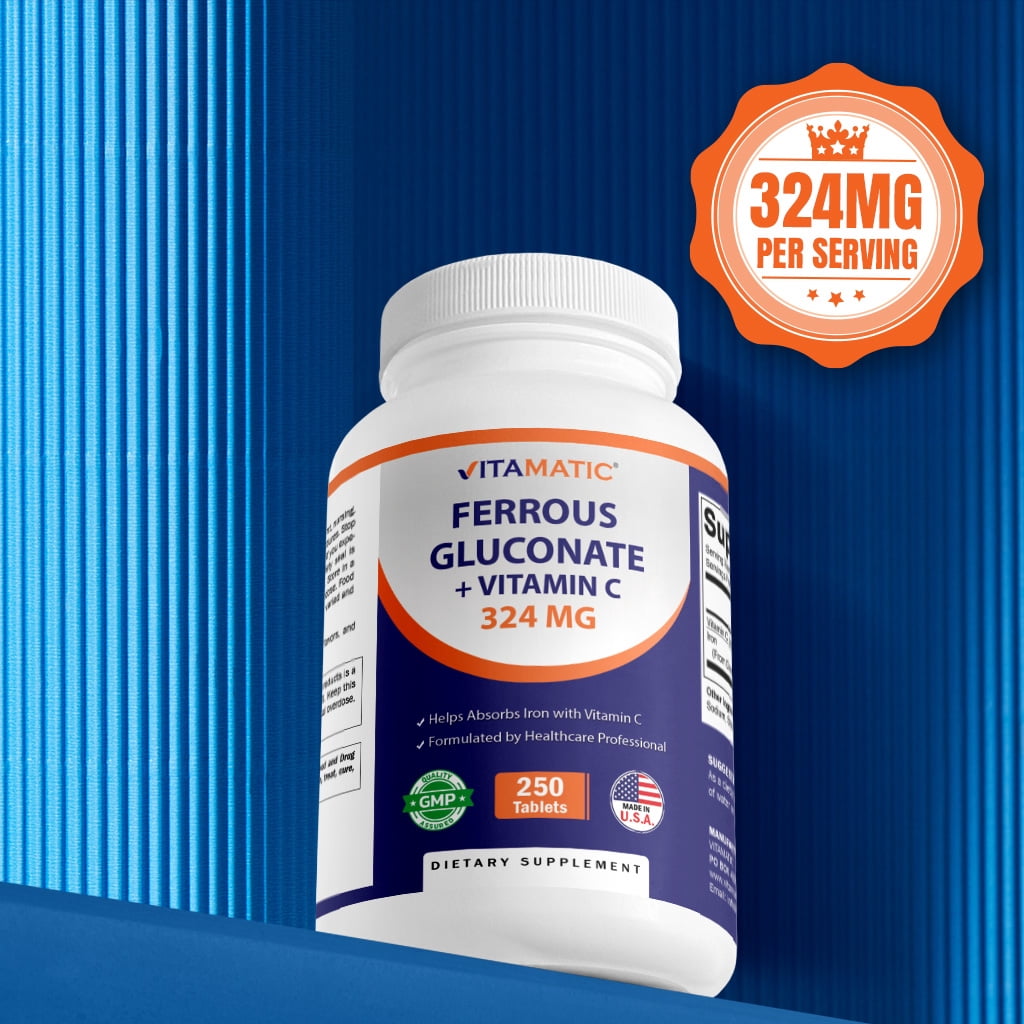 (3 pack) Vitamatic Ferrous Gluconate 324 mg + Vitamin C 100 mg - (65 mg Elemental Iron) High Potency Iron Supplement - No Artificial Color Additives - Gentle on Stomach - 250 Tablets - Made in USA