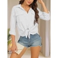 thumbnail image 4 of QUTETN Women's Light Blue Linen Button- Shirt - Long Sleeve V-Neck with Tie Waist, Casual Loose Fit Blouse for Work or Casual Attire, Spring Summer Top | Vneck Blouse | Linen Blend, 4 of 4