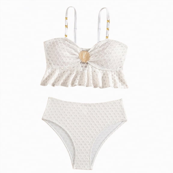 enyan Swimsuit Girl Girl's Two Piece Metallic Shell Bikini Sets Cut Out Ruffle Top High Waist Hipster Swimsuit,White,5-6 Years