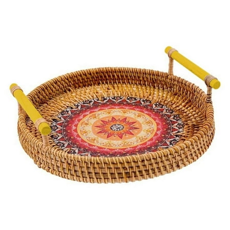 

Promotions! Handwoven Rattan Storage Tray With Wooden Handle Round Wicker Basket Food Bread Plate Fruit Cake Platter Dinner Serving Tray