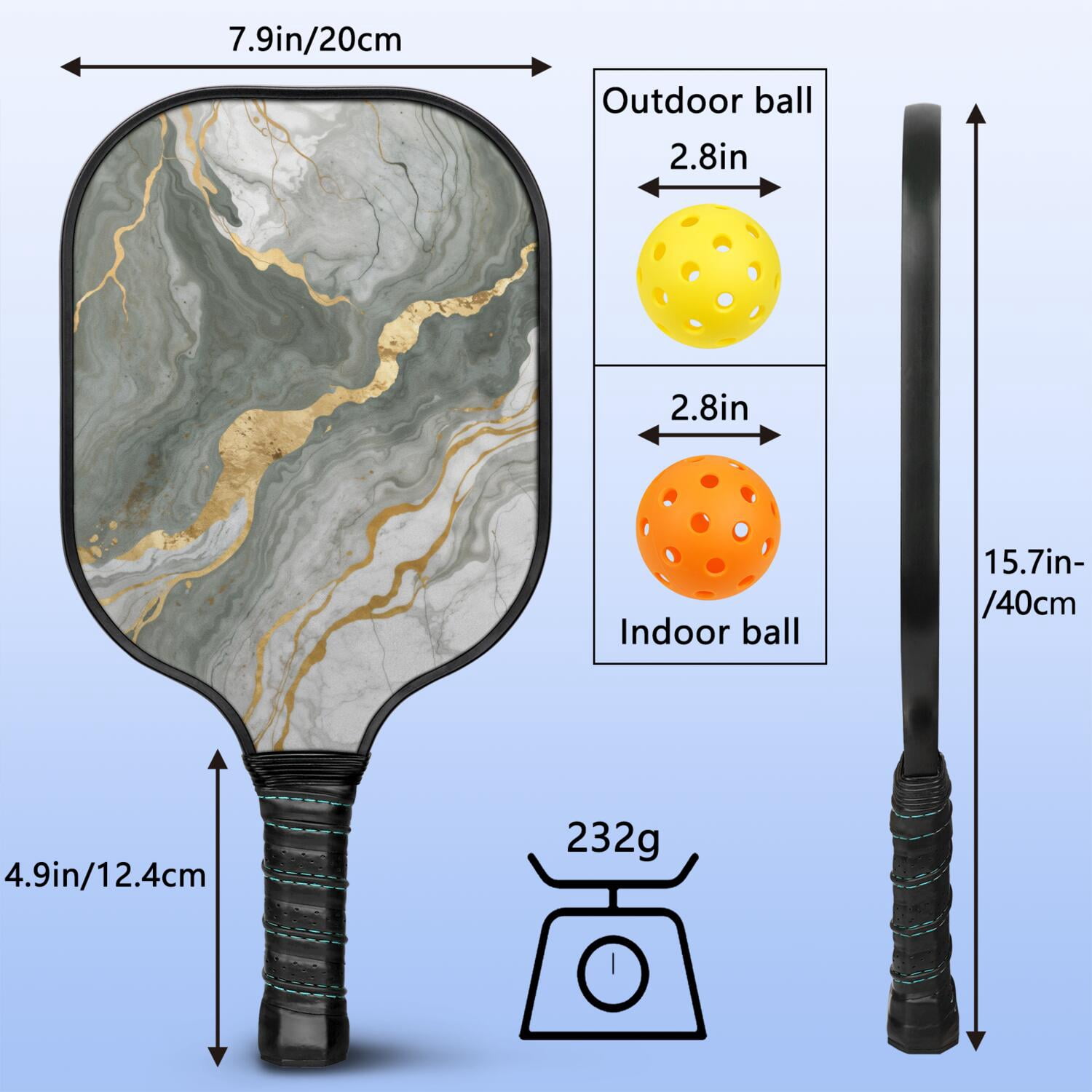 Pickleball Paddles Set Of 2, Fiberglass Surface, Turquoise Marble Pattern, 4 Balls & Bag