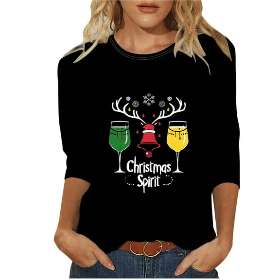 LiMoi Women's Cheers Holiday Print Blouse 3/4 Sleeve Round Neck Loose Fit Top for Christmas Fun Tees Tshirts Shirts My Items