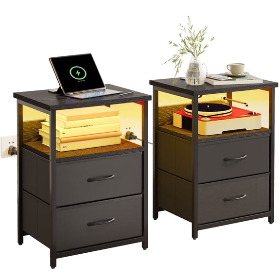 TOMNK Night Stand Set of 2, Nightstand with Charging Station, End Table, Bed Side Table, Black