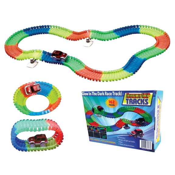 Glow in the Dark Light Up Race Tracks Set – Snap-Together Creative Toy with Battery-Powered LED Cars, 162 Pieces for Indoor Nighttime Play