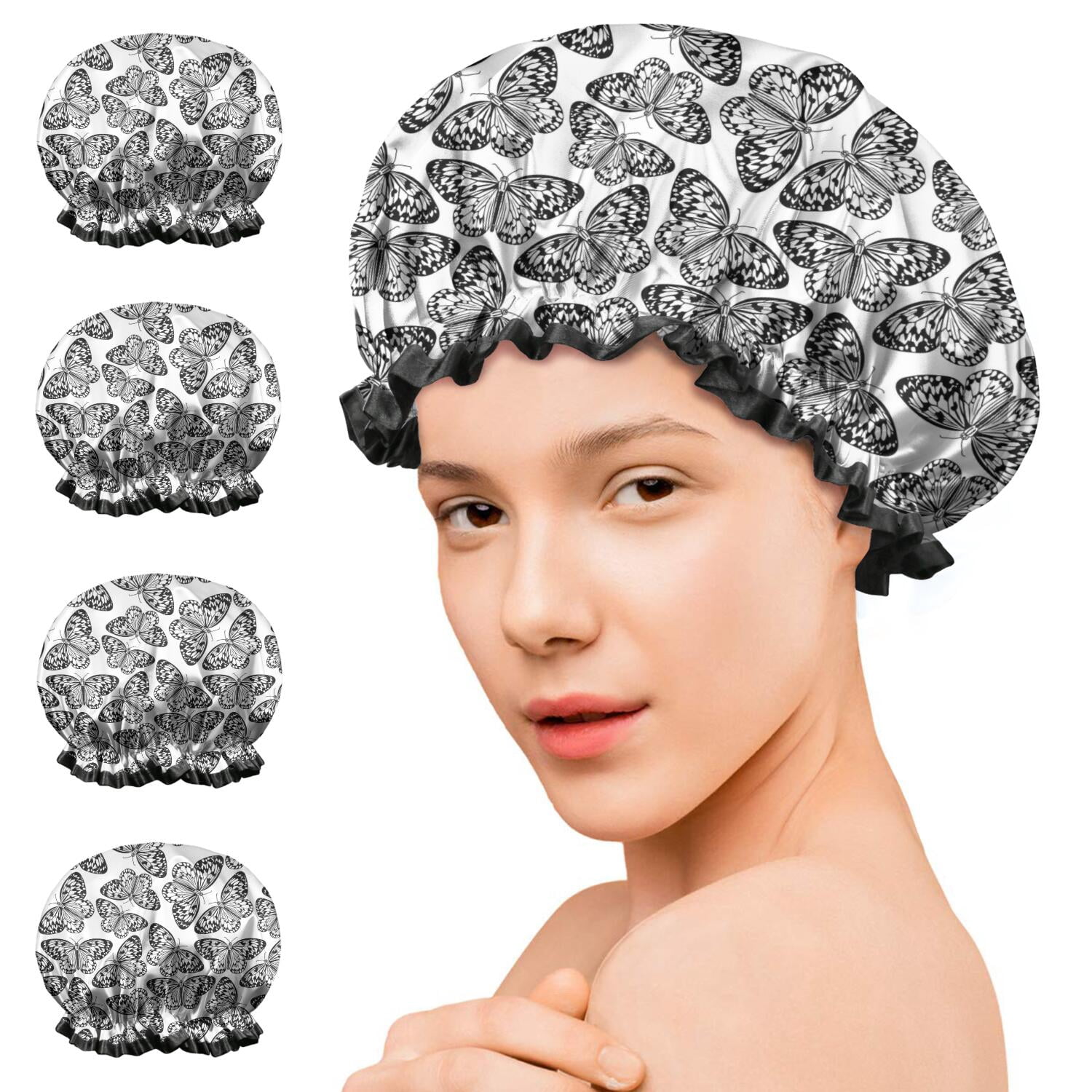 Shower Caps,White Butterfly Black Pattern Waterproof Shower Cap for Women 4 Pieces,Double Reusable Hair Cover for Shower PEVA Elastic Stretch Hem