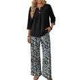 thumbnail image 2 of Bold Monochrome Floral Print Two Piece Set for Women, 3/4 Sleeve Button Down Top & Wide Leg Pants - Casual Lounge Outfit with Geometric Hem Trousers Zebra XL, 2 of 7