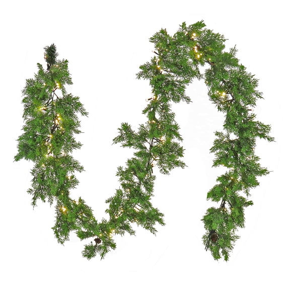 National Tree Company Pre-Lit Artificial Garland, Green, Natural Look Cedar, Pine Cones, 288 Warm White LED Lights, 6 Functions,  9 Feet