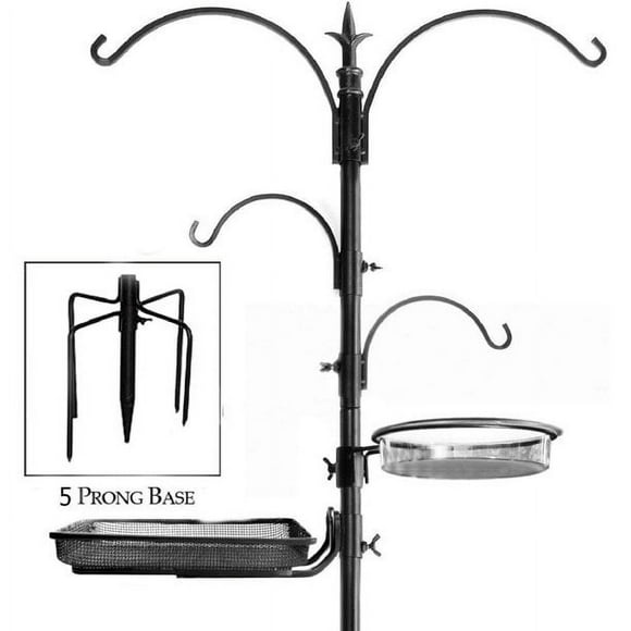 Premium Bird Feeding Station for Outside -22 inch Wide x 92 inch, Tall Multi Feeder Pole Stand Hanger, Black Color, with 4 Bird Feed Hanger and 5 Prong Base for Attracting Wild Birds,Hummingbirds