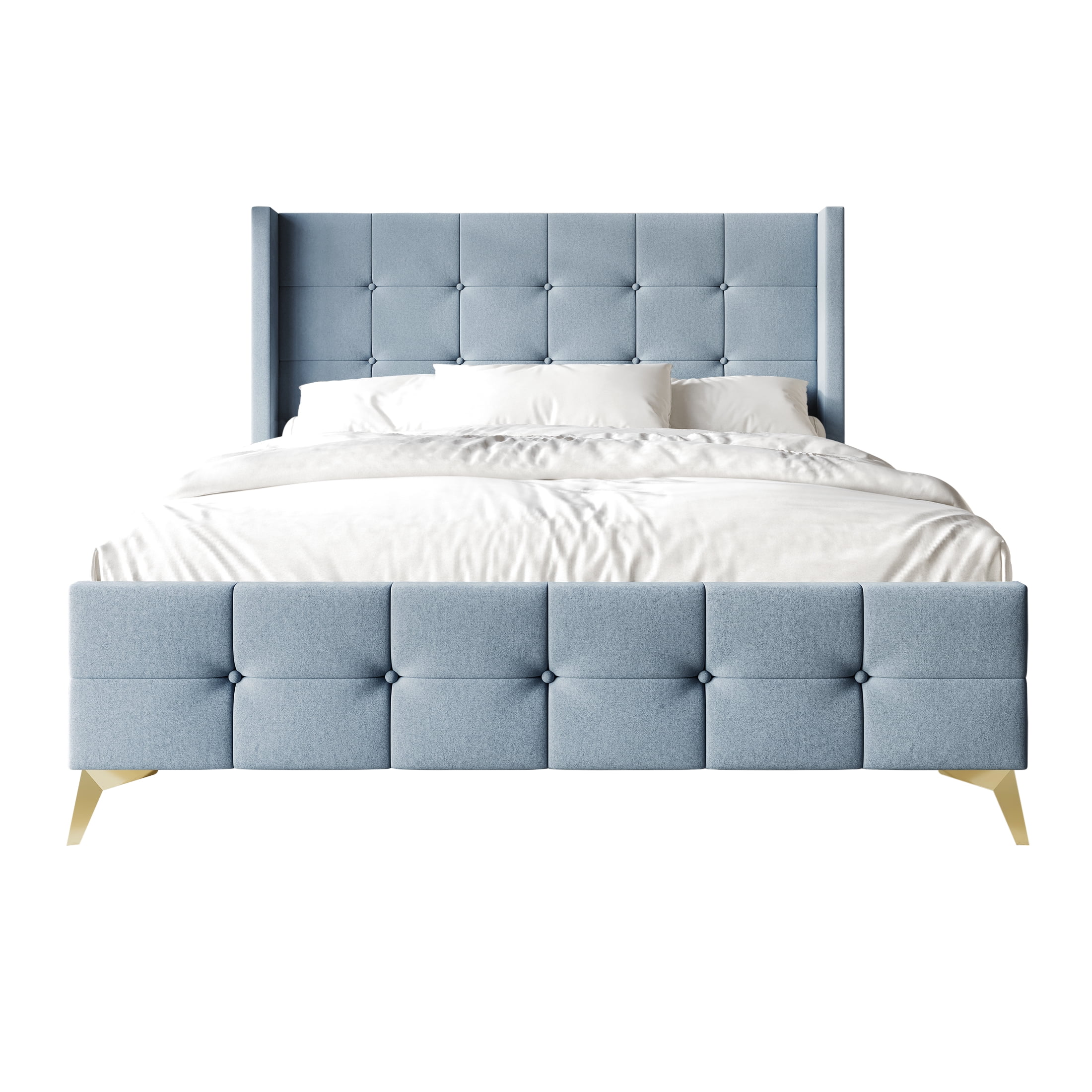 Castle Place Luxury Glam Queen Size Velvet Upholstered Bed, Light Blue