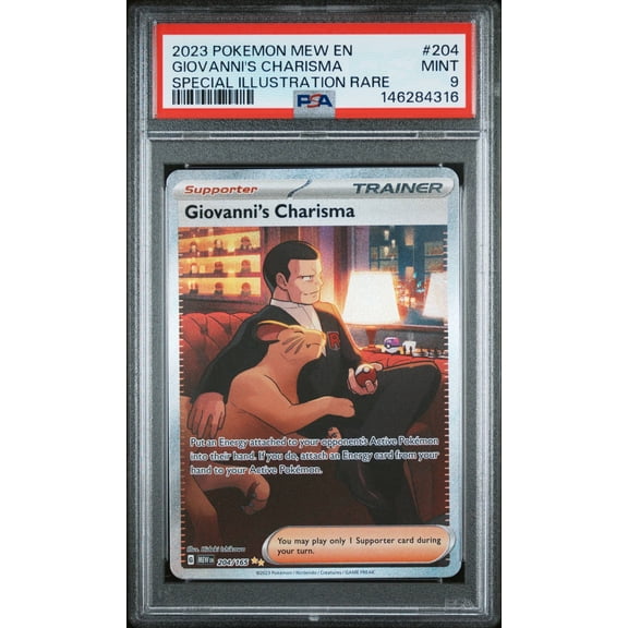 Graded PSA 9 2023 Pokemon Mew EN-151 Giovanni's Charisma SIR #204 Trading Card