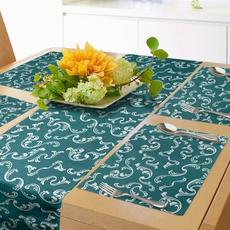 

Teal Green Table Runner & Placemats Victorian Botanical Detailed Repetitive Ornaments on Stripes Repetition Set for Dining Table Decor Placemat 4 pcs + Runner 16 x90 Teal and White by Ambesonne